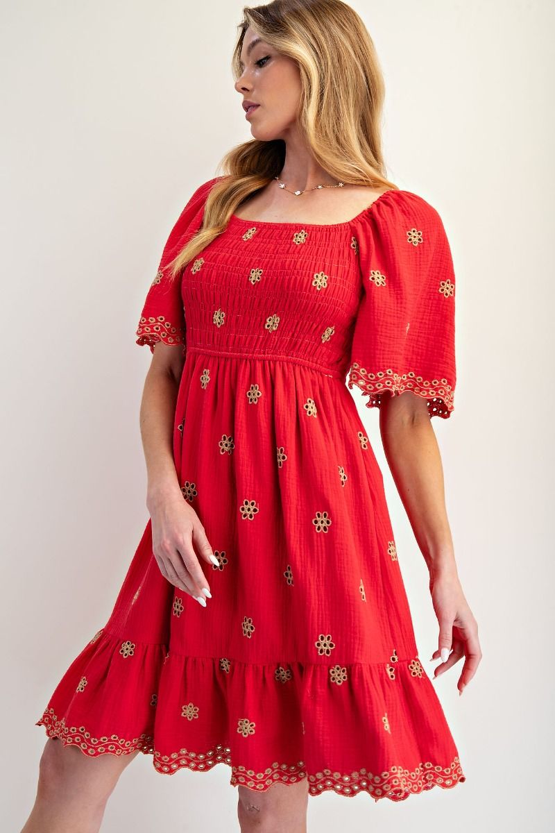 Easel Embroidery Detail Cotton Gauze Dress