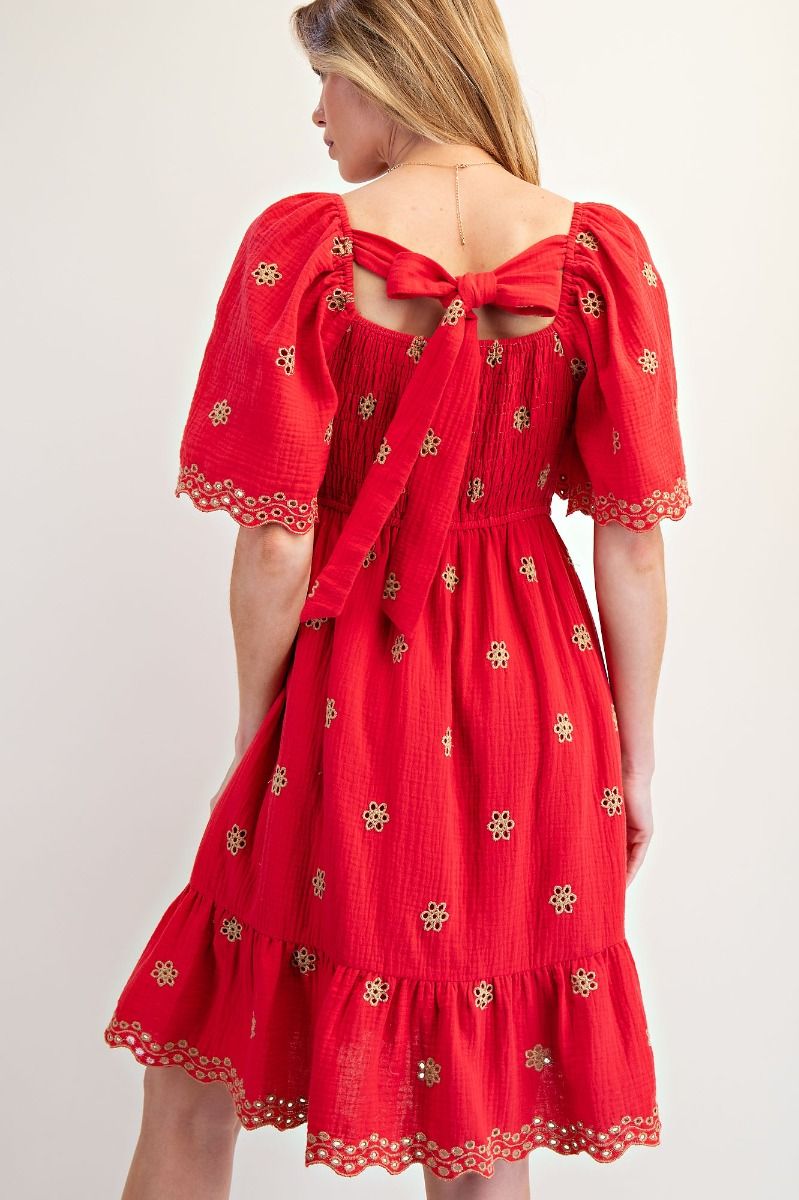 Easel Embroidery Detail Cotton Gauze Dress