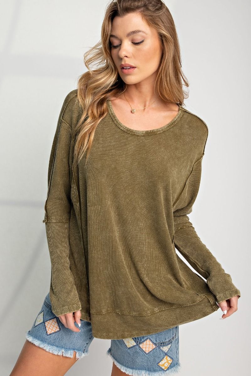 Easel Mineral Washed Rayon Rib Knit Top