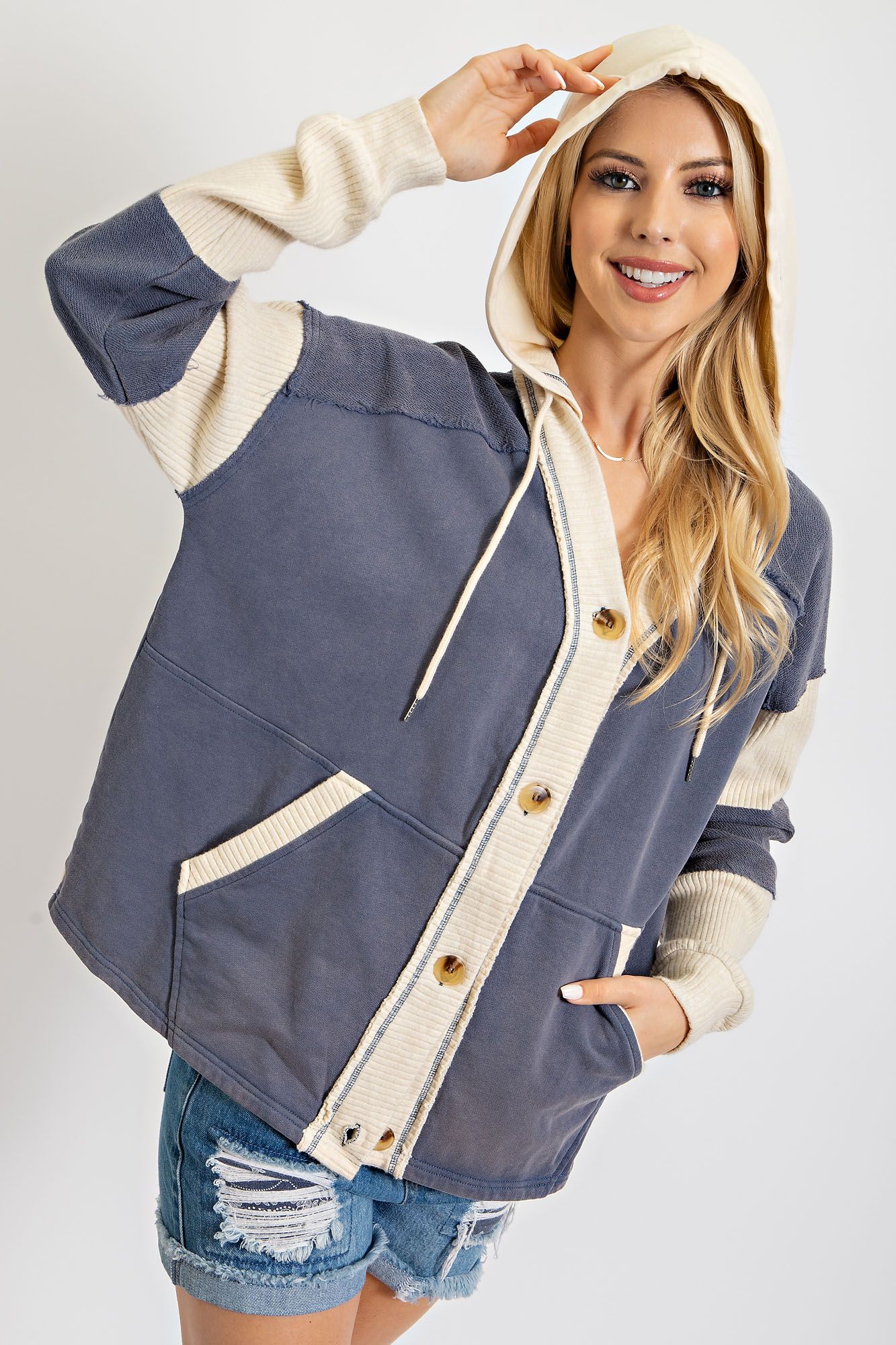 Easel Multi Color Terry Hooded Cardigan