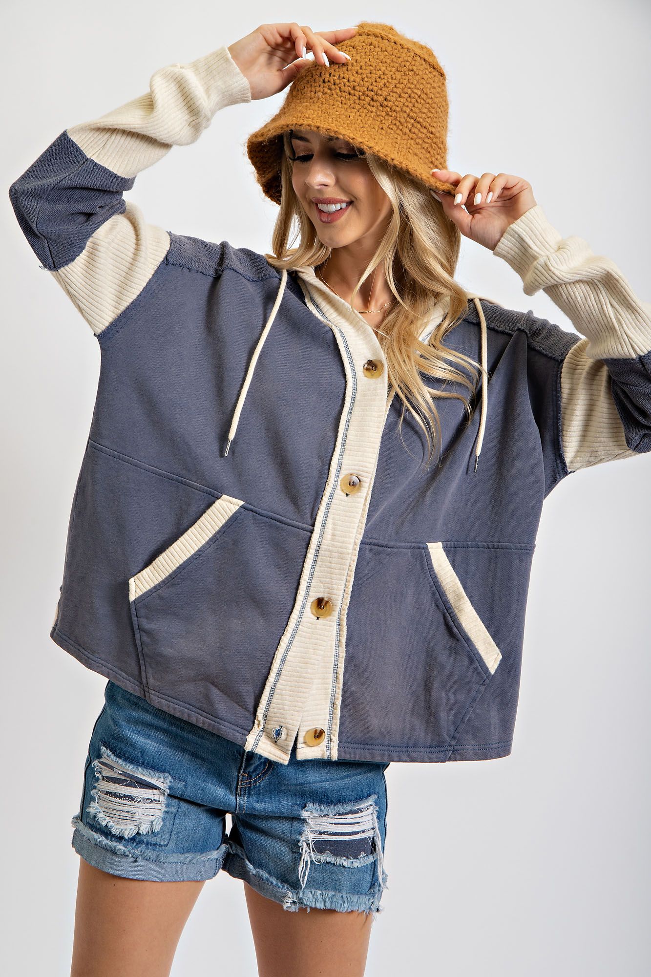 Easel Multi Color Terry Hooded Cardigan