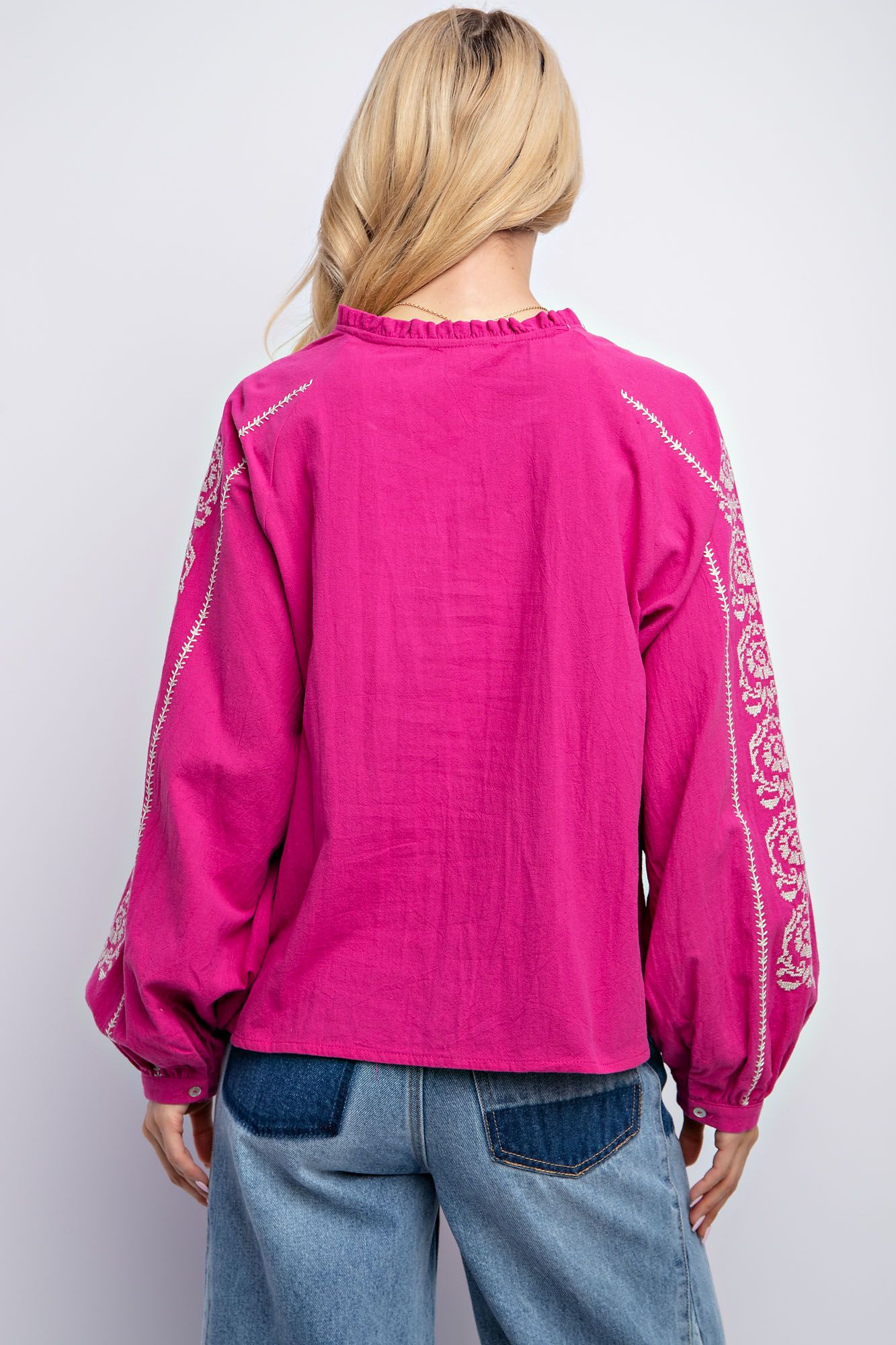 Easel Linen Gauze Embroidery Detailing Woven Top
