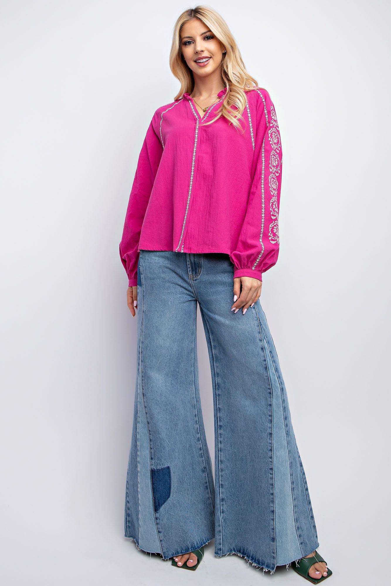 Easel Linen Gauze Embroidery Detailing Woven Top