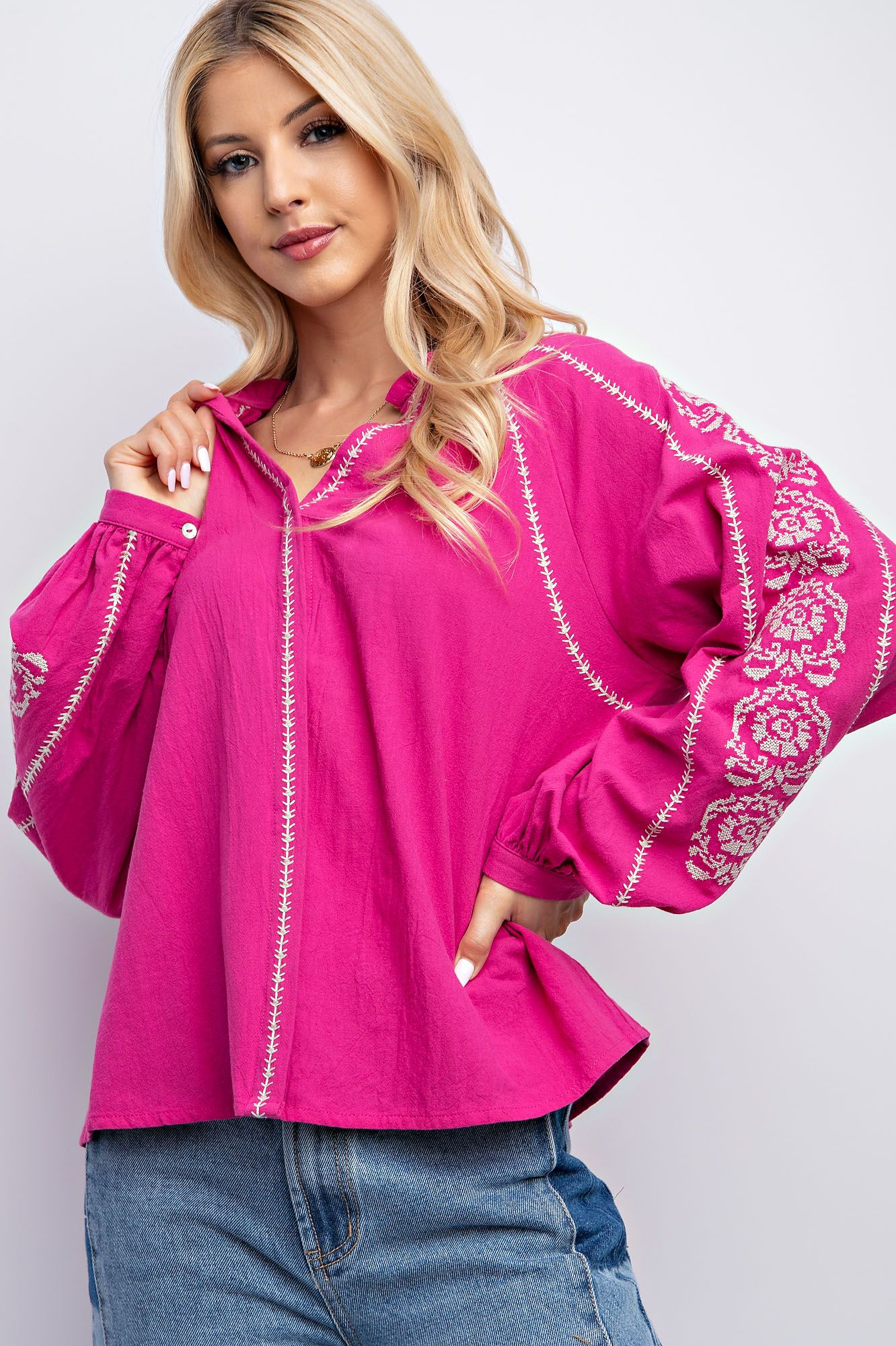 Easel Linen Gauze Embroidery Detailing Woven Top