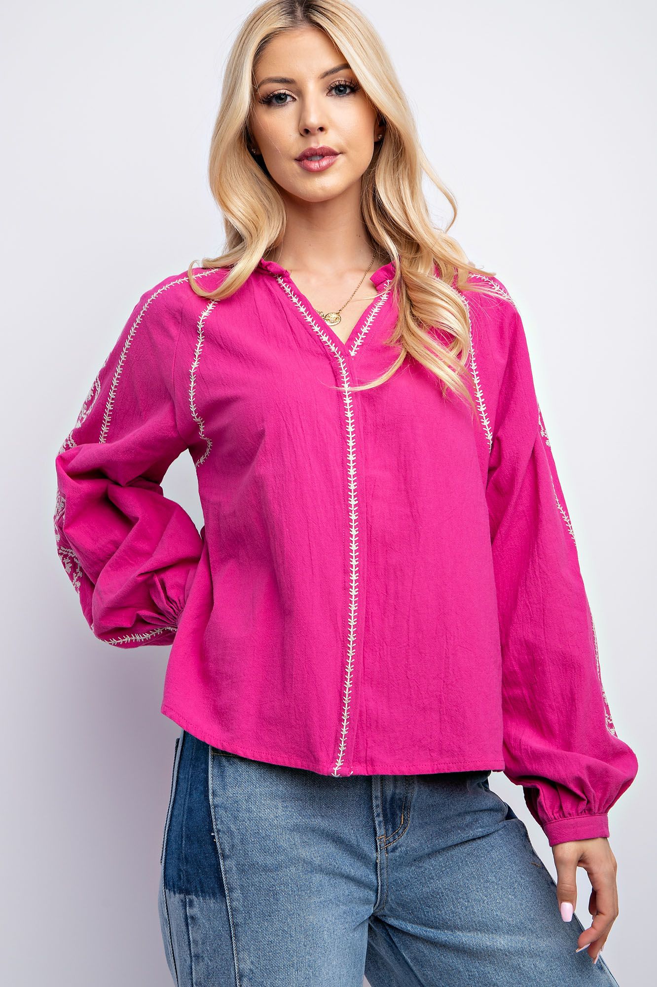 Easel Linen Gauze Embroidery Detailing Woven Top