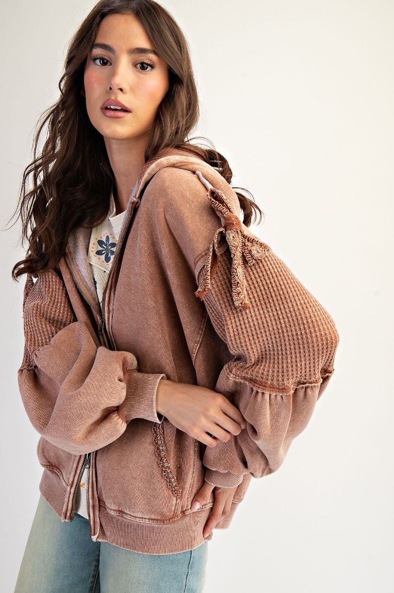 Easel Washed Terry Knit Zip Up Hoodie Jacket