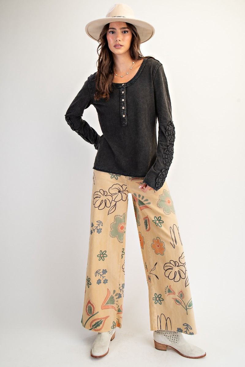 Easel Crochet Lace Detailing Washed Cotton Slub Top