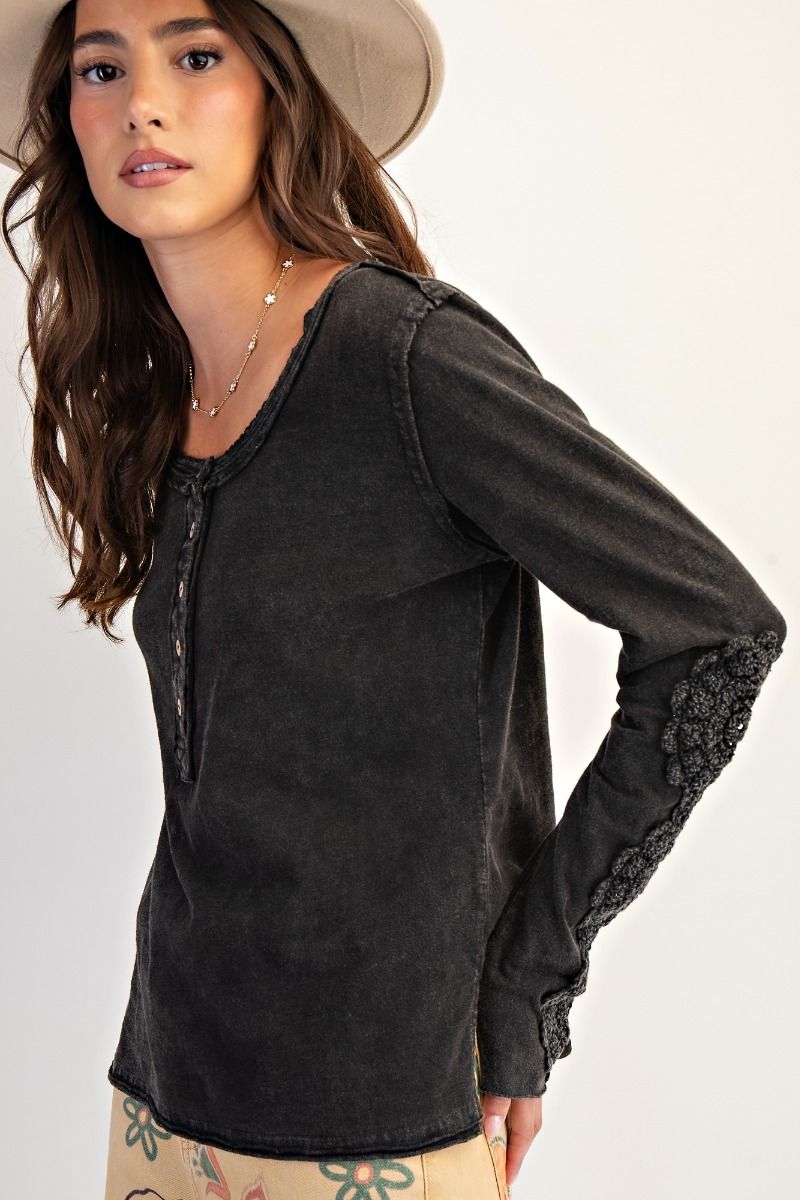 Easel Crochet Lace Detailing Washed Cotton Slub Top