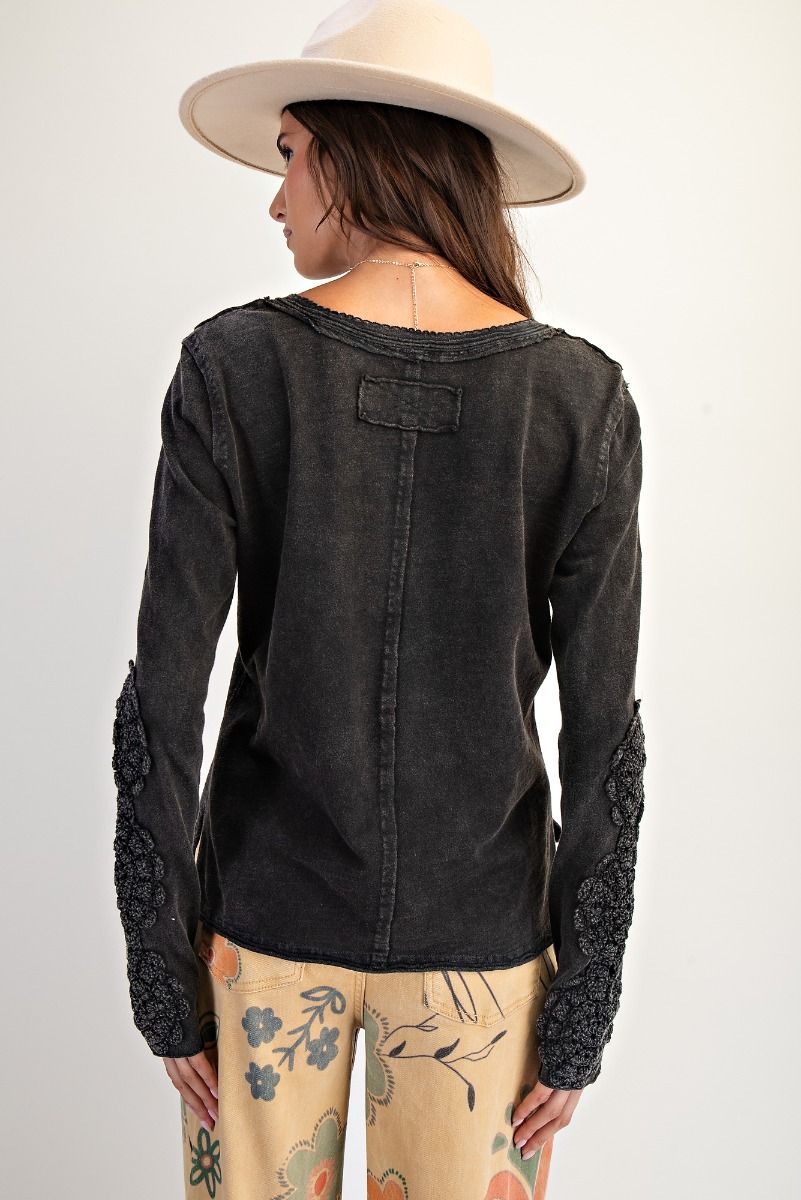 Easel Crochet Lace Detailing Washed Cotton Slub Top