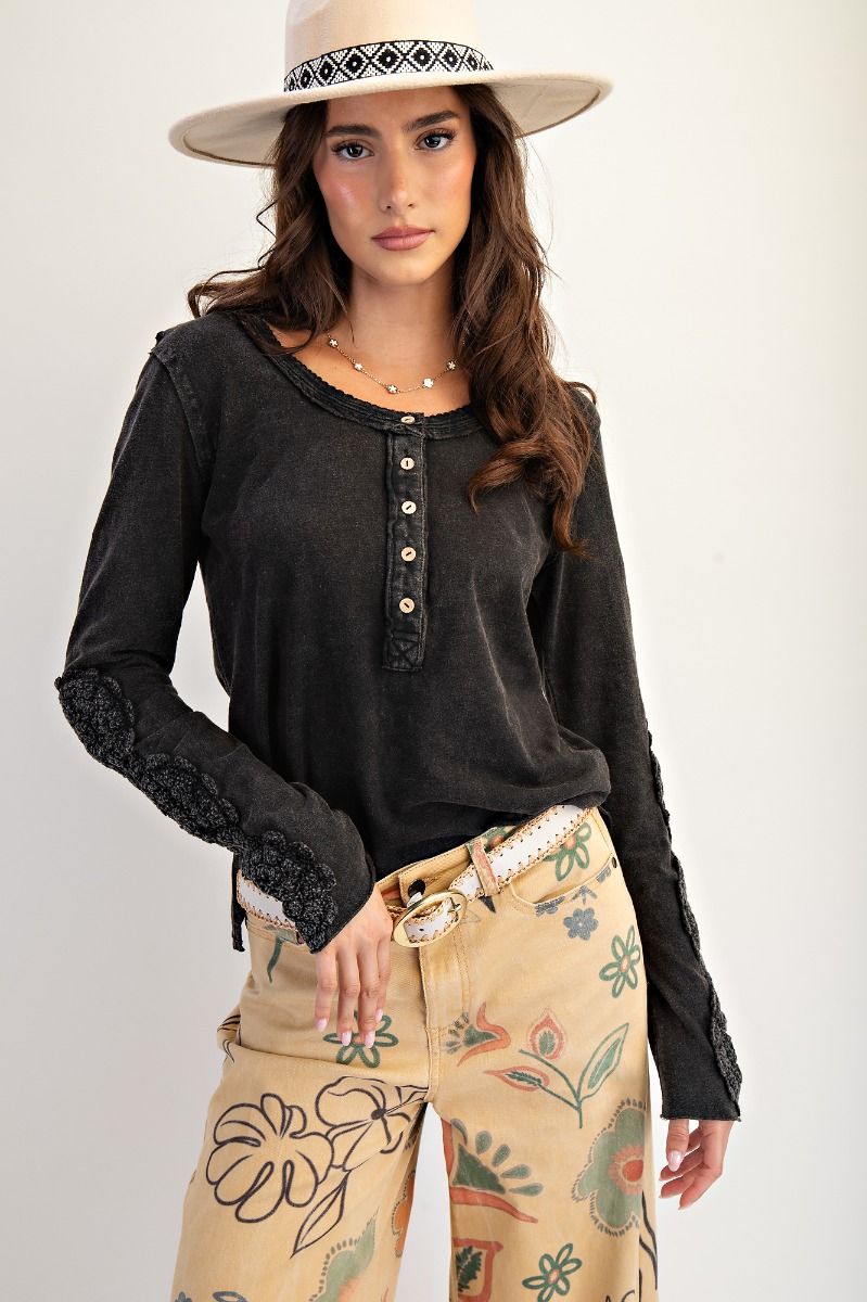 Easel Crochet Lace Detailing Washed Cotton Slub Top