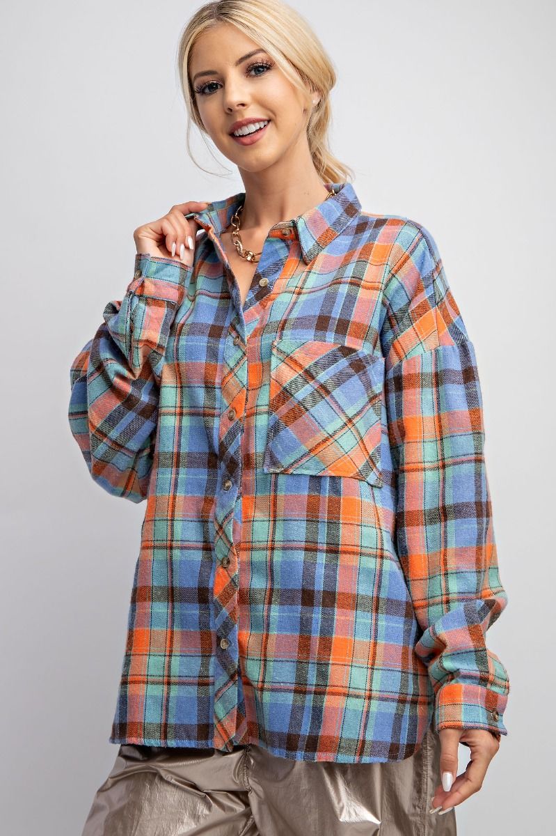 Easel Plaid Button Down Blue Mocha