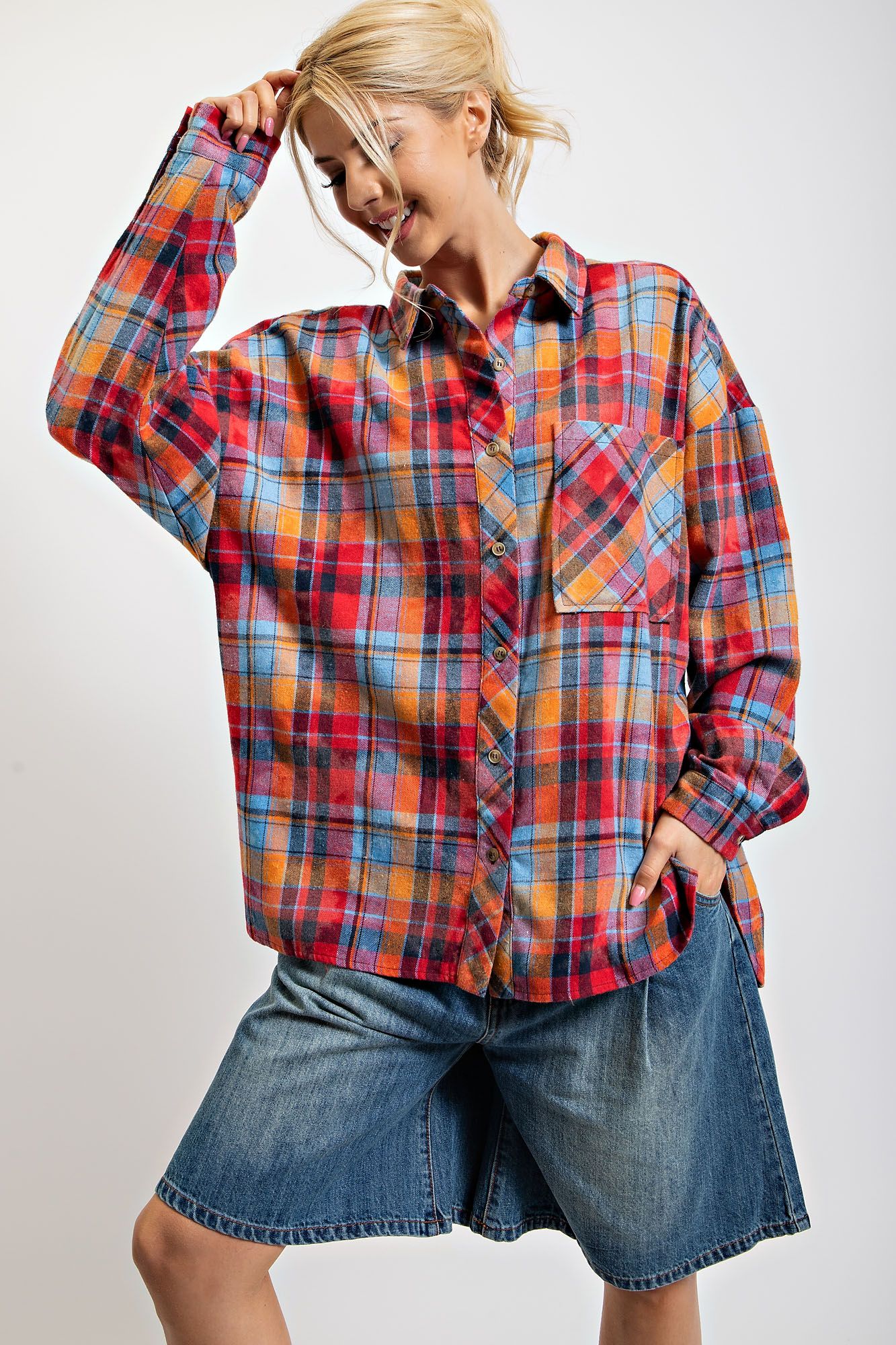 Easel Plaid Button Down Top