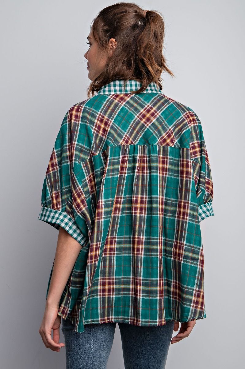 Easel Plaid Mix Oversized Button Down Shirt