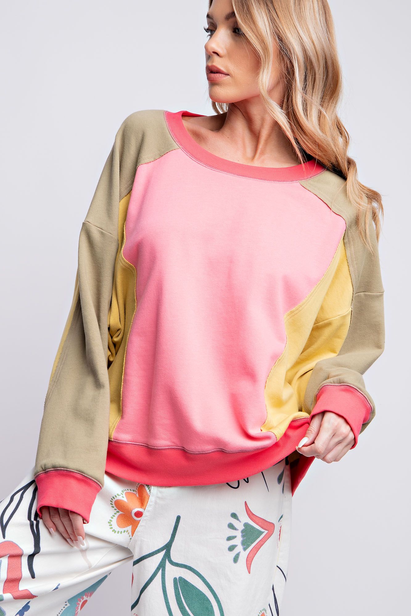 Easel Color Block Terry Knit Pull Over