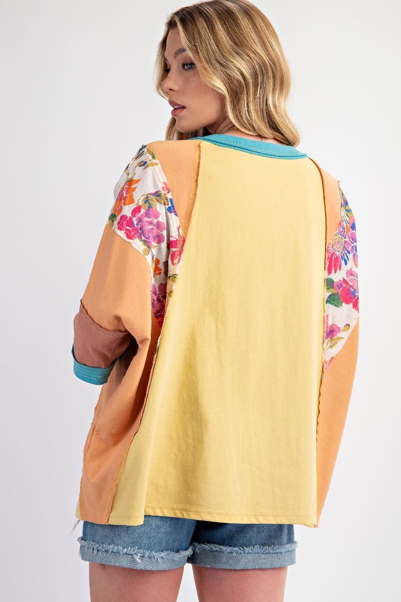 Easel Print Mix Color Block Knit Top