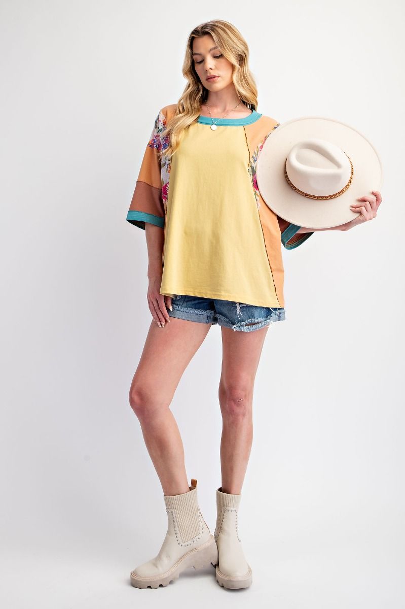 Easel Print Mix Color Block Knit Top