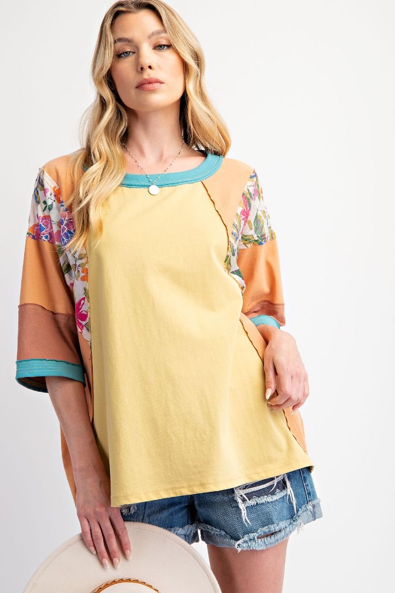 Easel Print Mix Color Block Knit Top