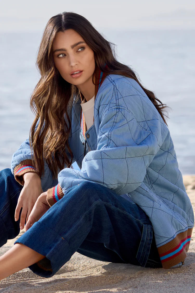 Tribal Blue Thread Oversized Cotton Quilted Bomber Jacket