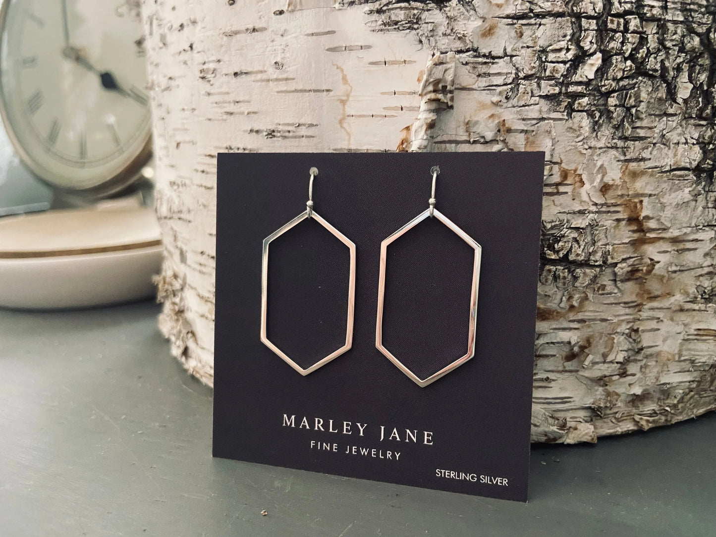 Sterling Silver Wide Hexagon Dangle Earrings