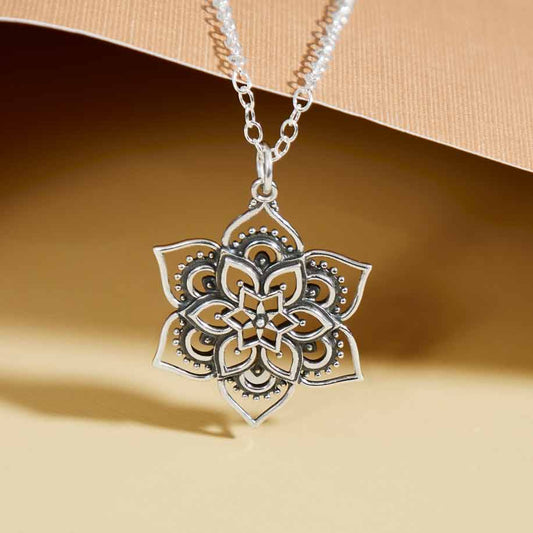 Sterling Silver Lotus Mandala Necklace