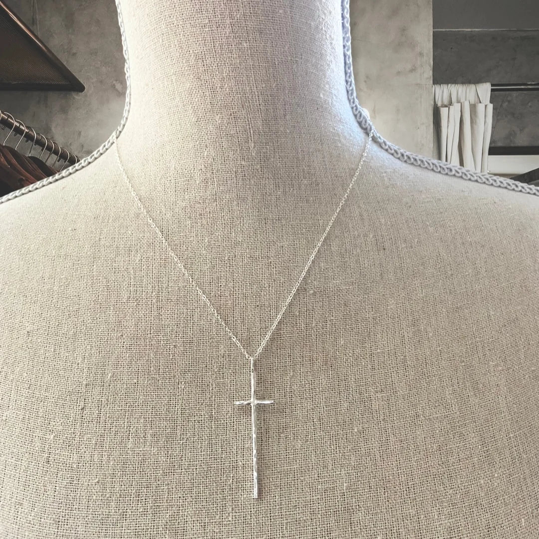 Sterling Silver Hammered Long Cross Necklace