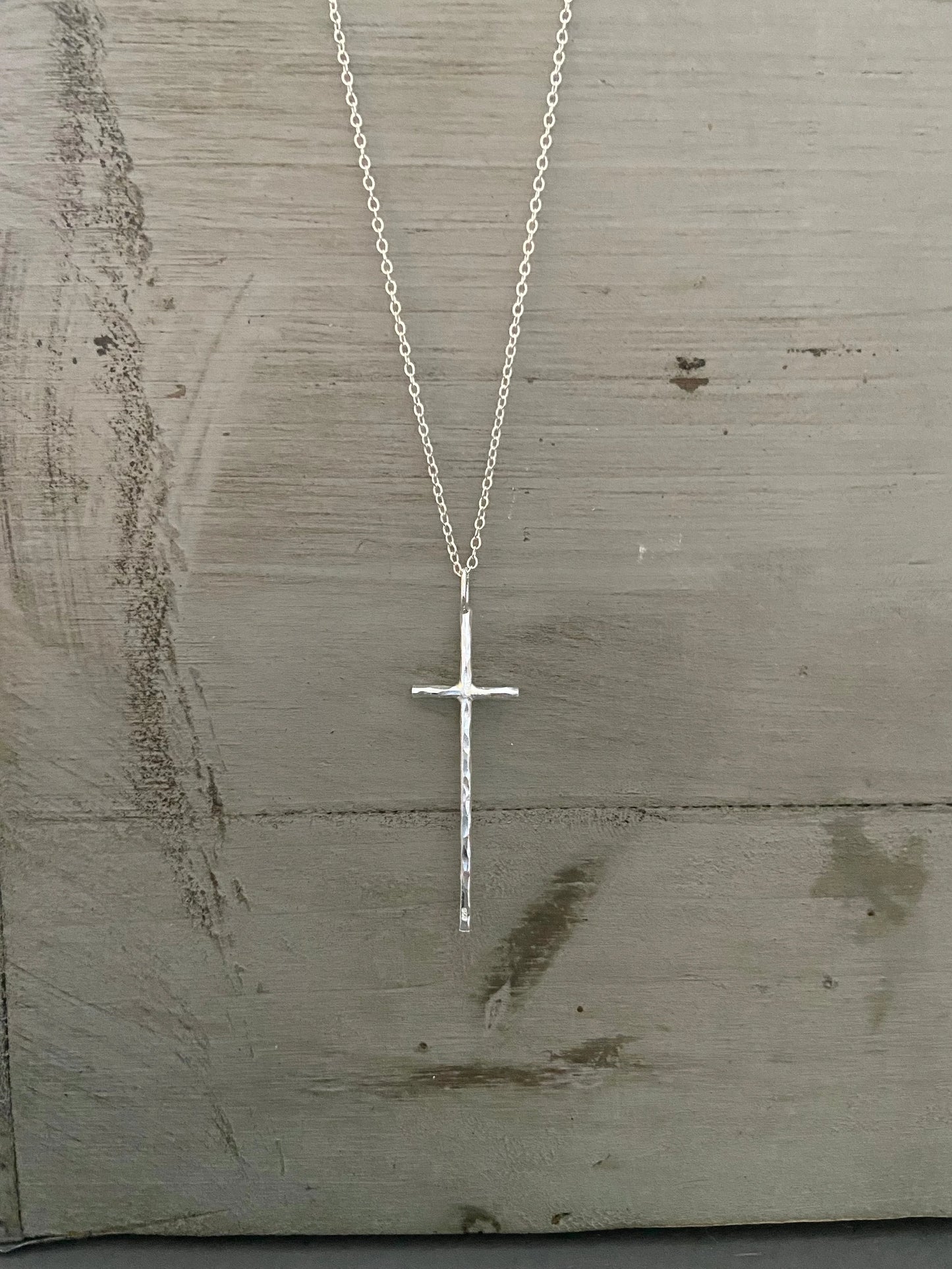 Sterling Silver Hammered Long Cross Necklace