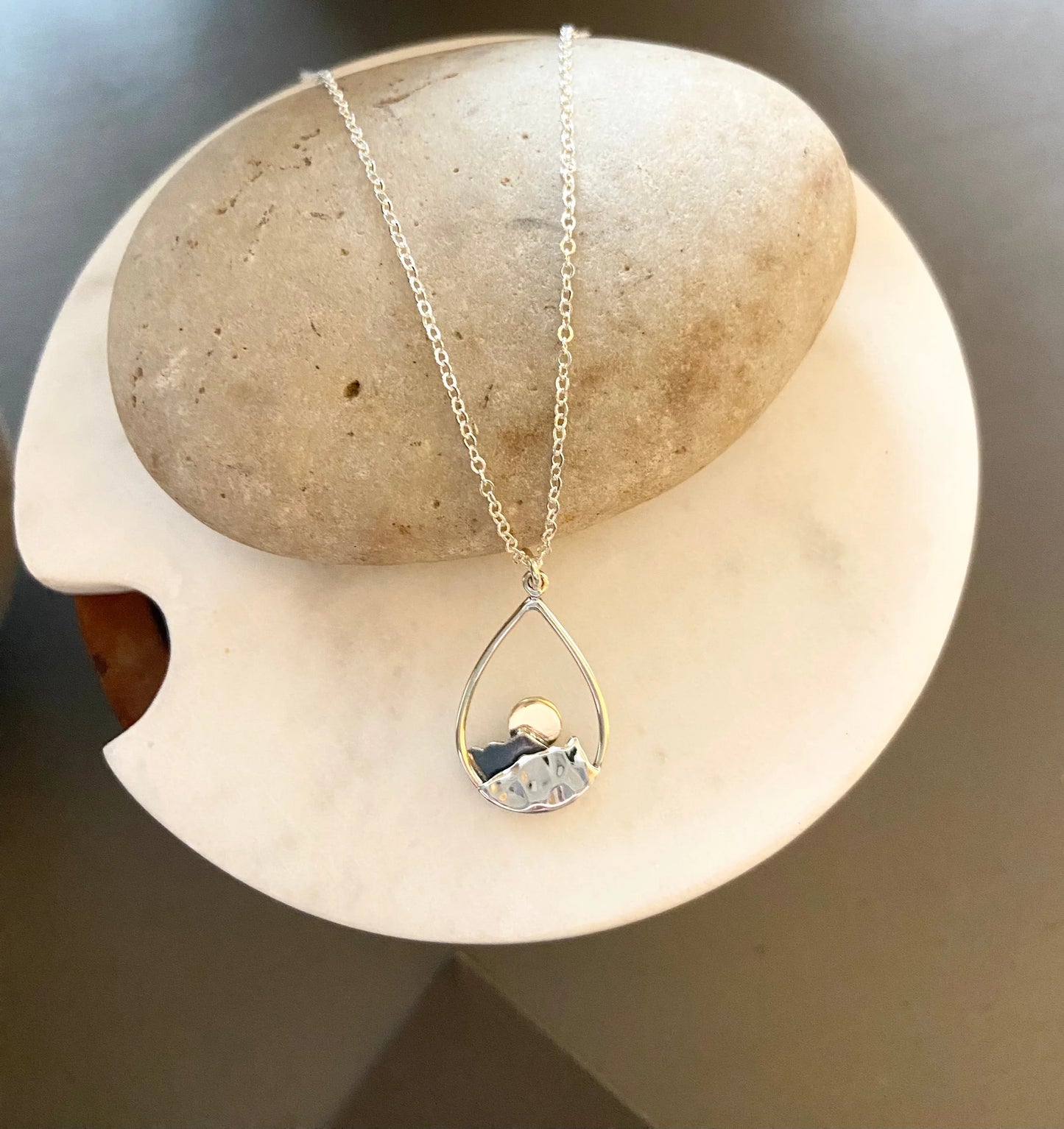 Ocean Mountain Sunrise Tear Shape Mixed Metals Necklace