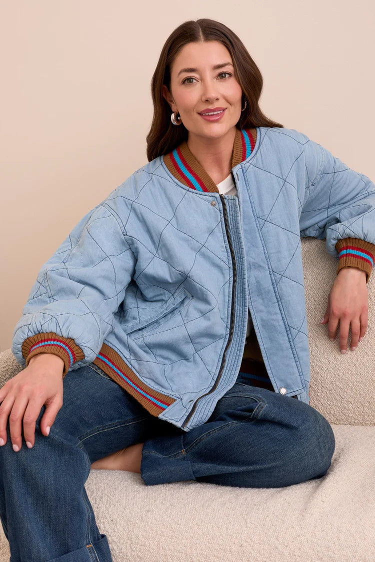 Tribal Blue Thread Oversized Cotton Quilted Bomber Jacket