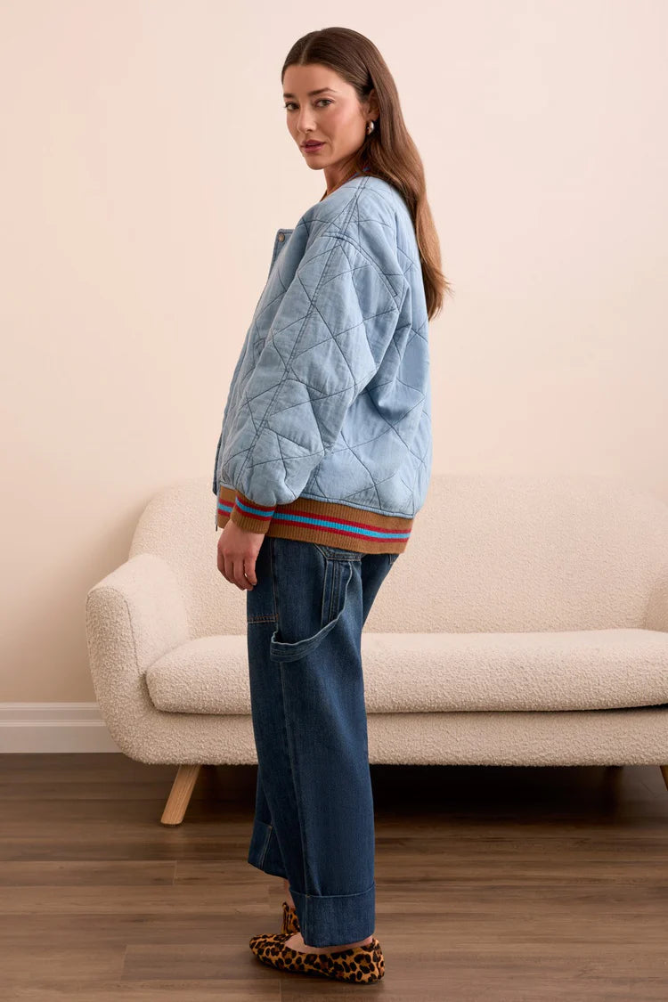 Tribal Blue Thread Oversized Cotton Quilted Bomber Jacket