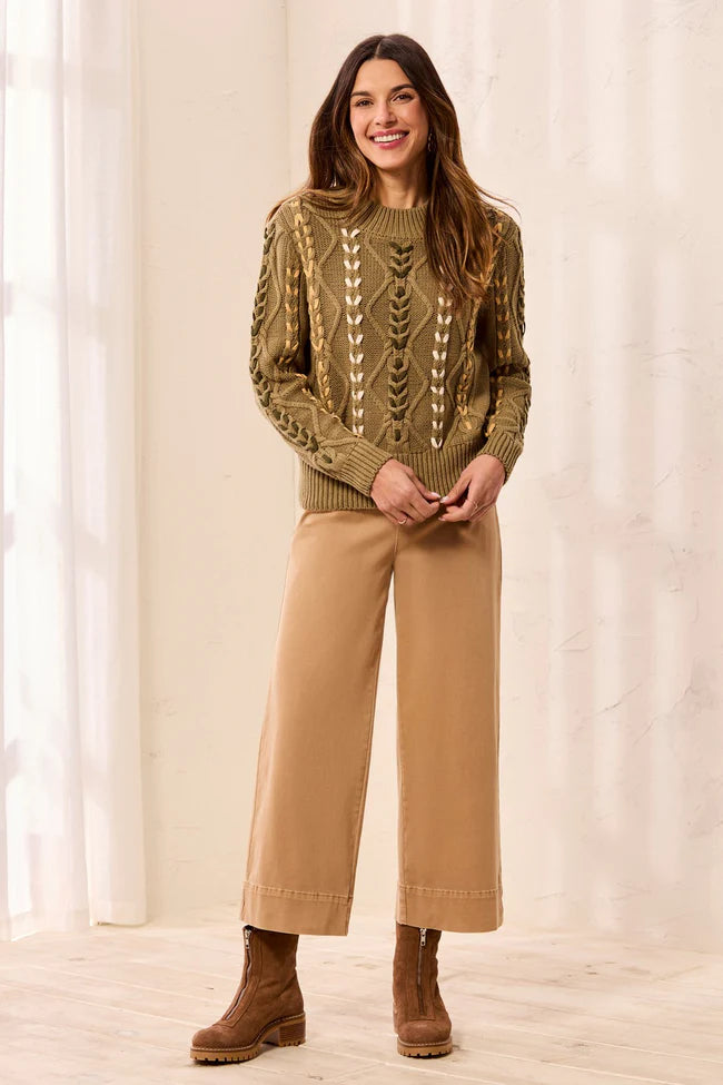 Tribal Contrast Lace-Up Cable Knit Crew Neck Sweater