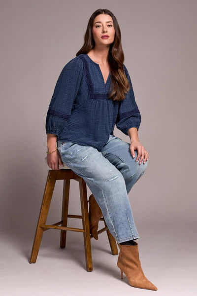 Tribal Cotton Gauze 3/4 Sleeve Empire Waist Blouse