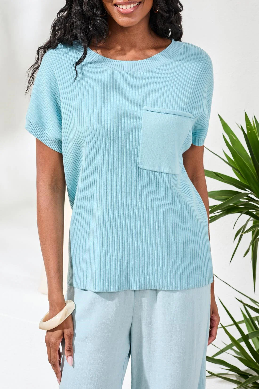Tribal Dolman Short Sleeve Ribbed Knit Top With Pocket