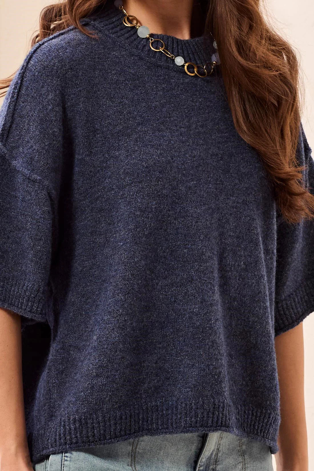 Tribal Lightweight Drop Shoulder Crew Neck Elbow Sleeve Sweater