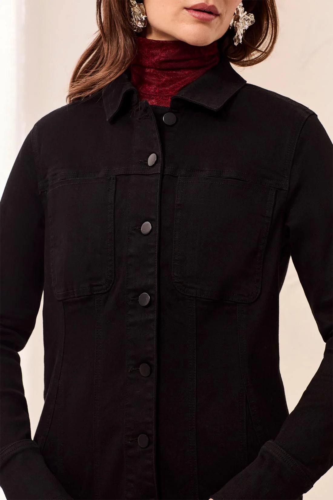Tribal Embroidered Button Front Fitted Denim Jacket