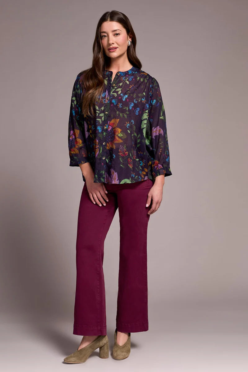Tribal Flowy Dolman Sleeve Blouse With Self-Covering Buttons