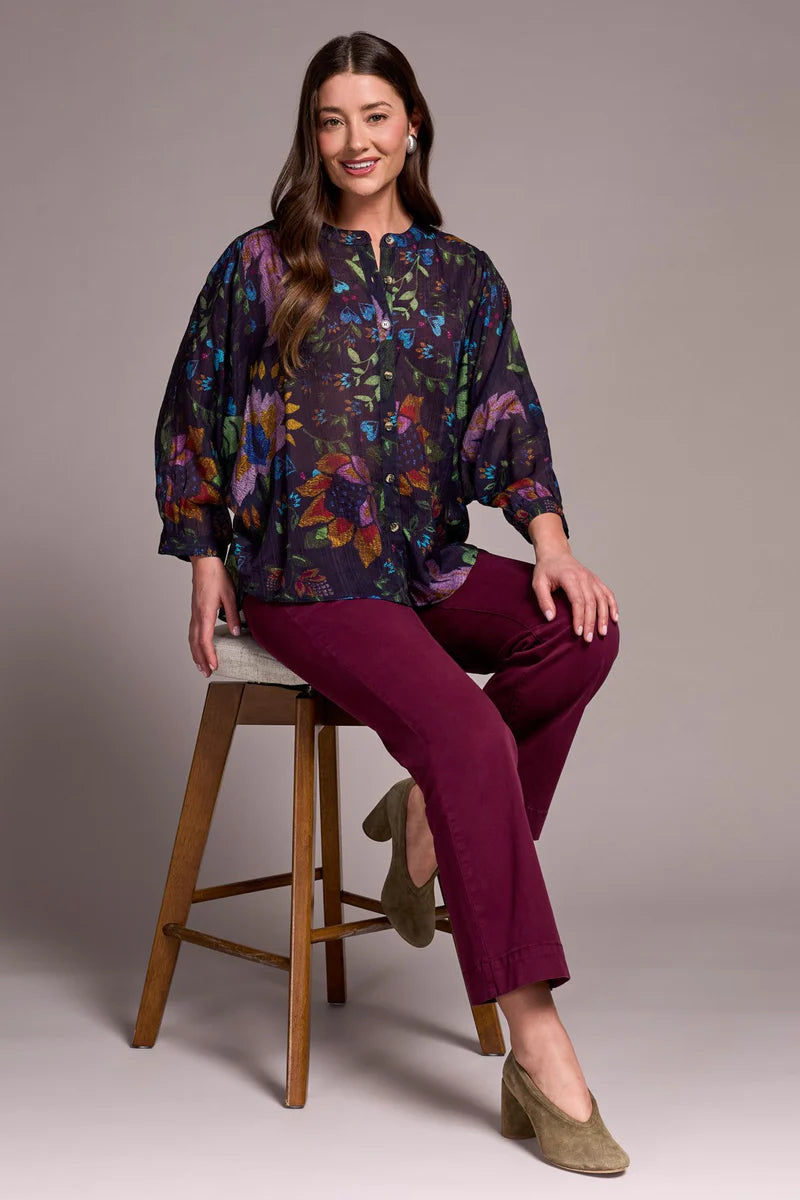 Tribal Flowy Dolman Sleeve Blouse With Self-Covering Buttons