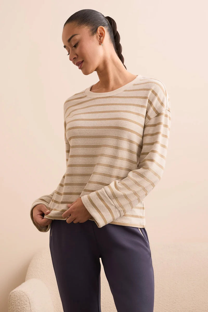 Tribal Long Sleeve Stripe Crew Neck Brush Knit Top