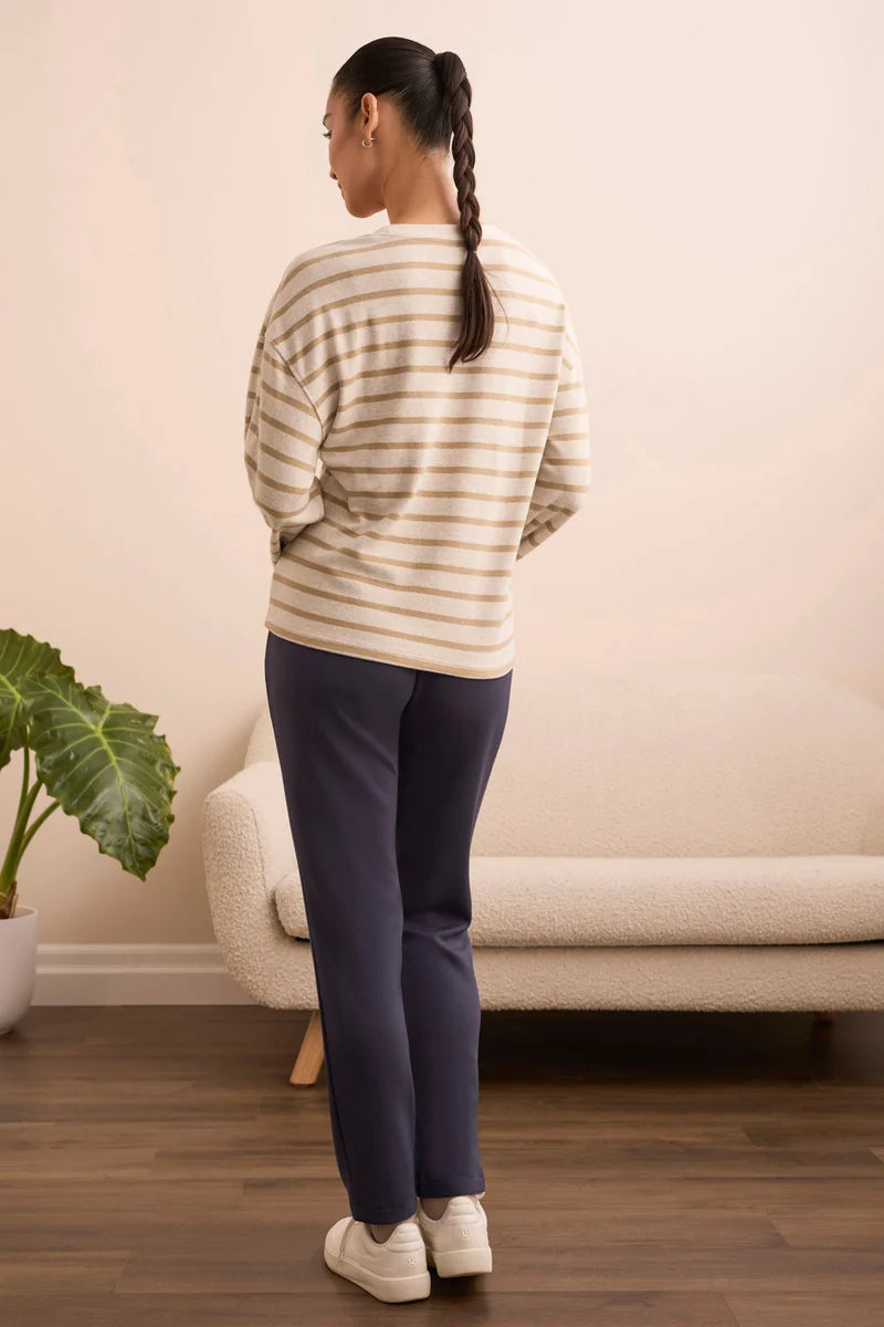 Tribal Long Sleeve Stripe Crew Neck Brush Knit Top