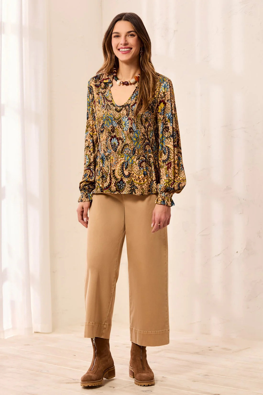 Tribal Paisley Smocked Ruffle Neck Flounce Blouse