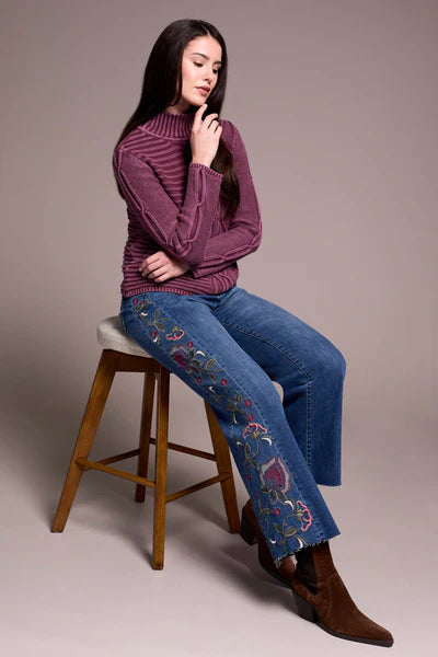 Tribal Vintage Washed Cable Knit Mock Neck Sweater