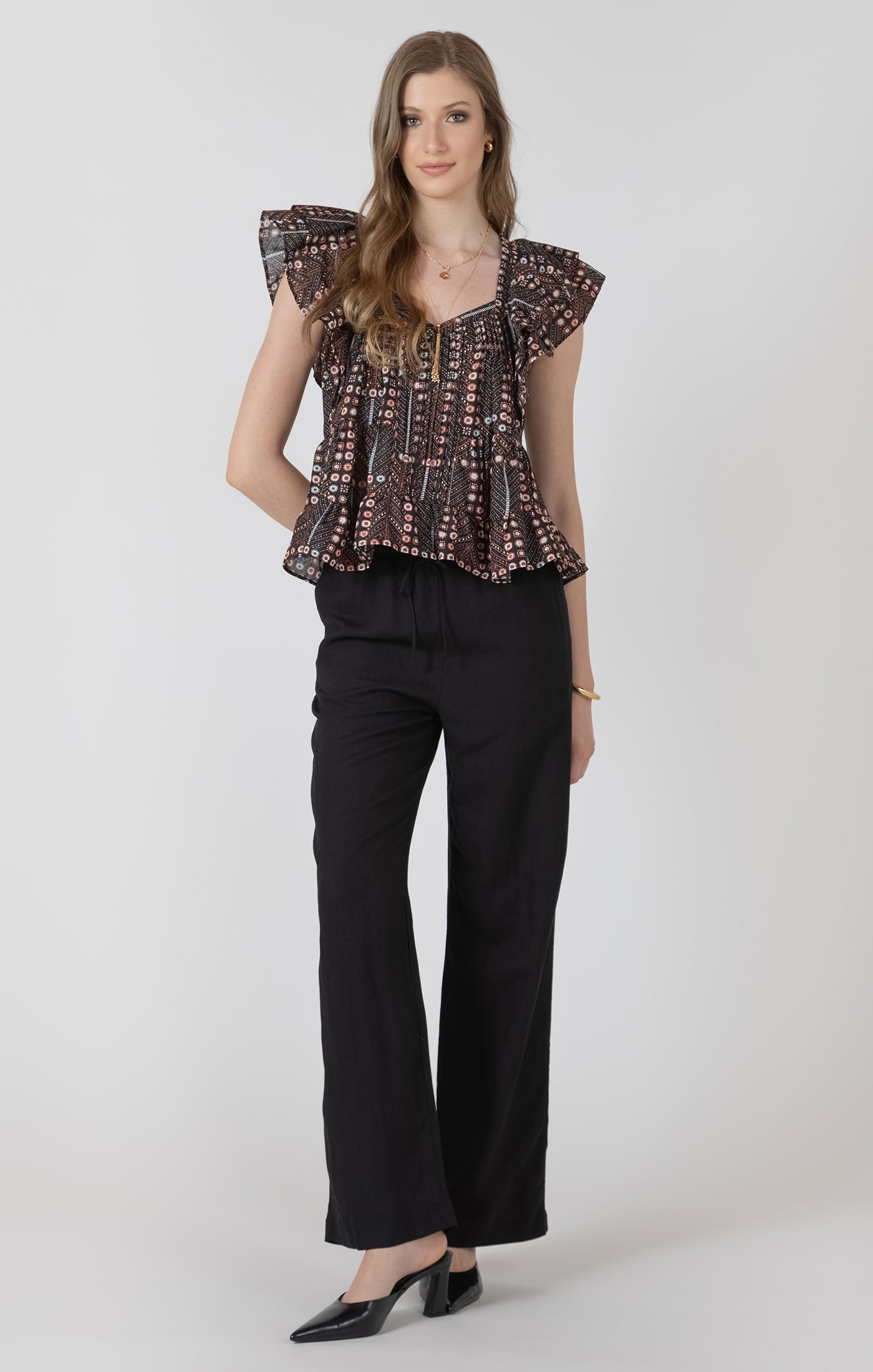 Black Tape Printed Ruffled Tencel Blouse