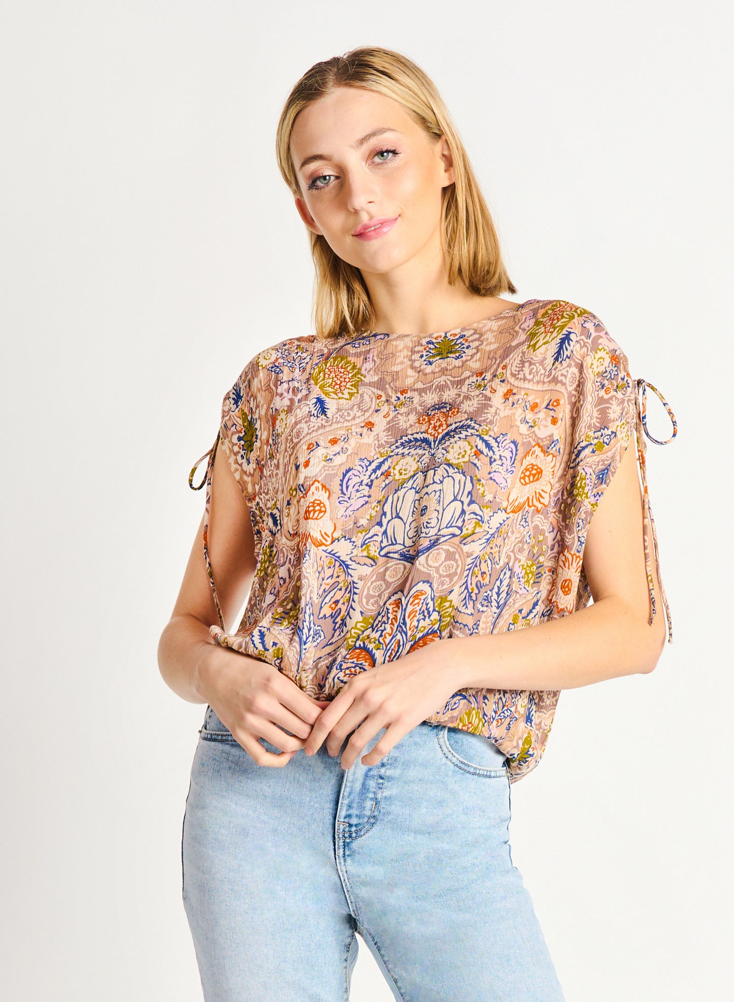 Dex Drawstring Shoulder Elastic Hem Top