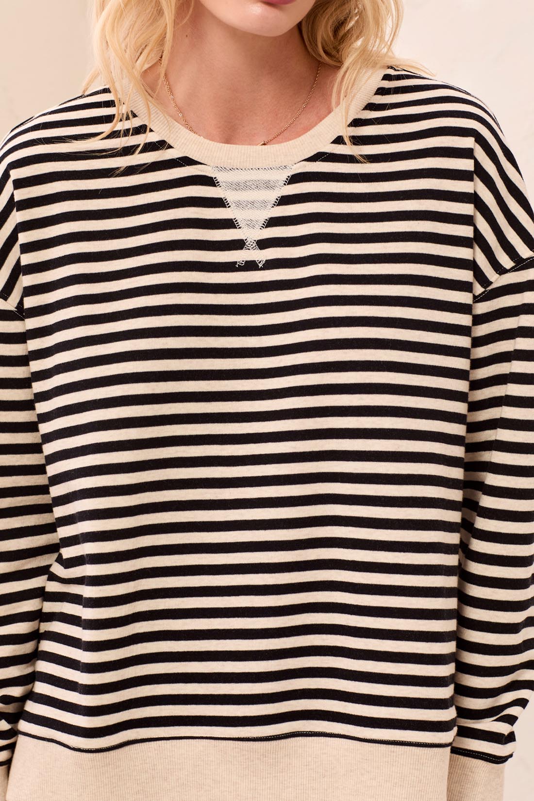 Tribal Cotton Crewneck Drop‑Shoulder Long Sleeve Top with Combo Trim