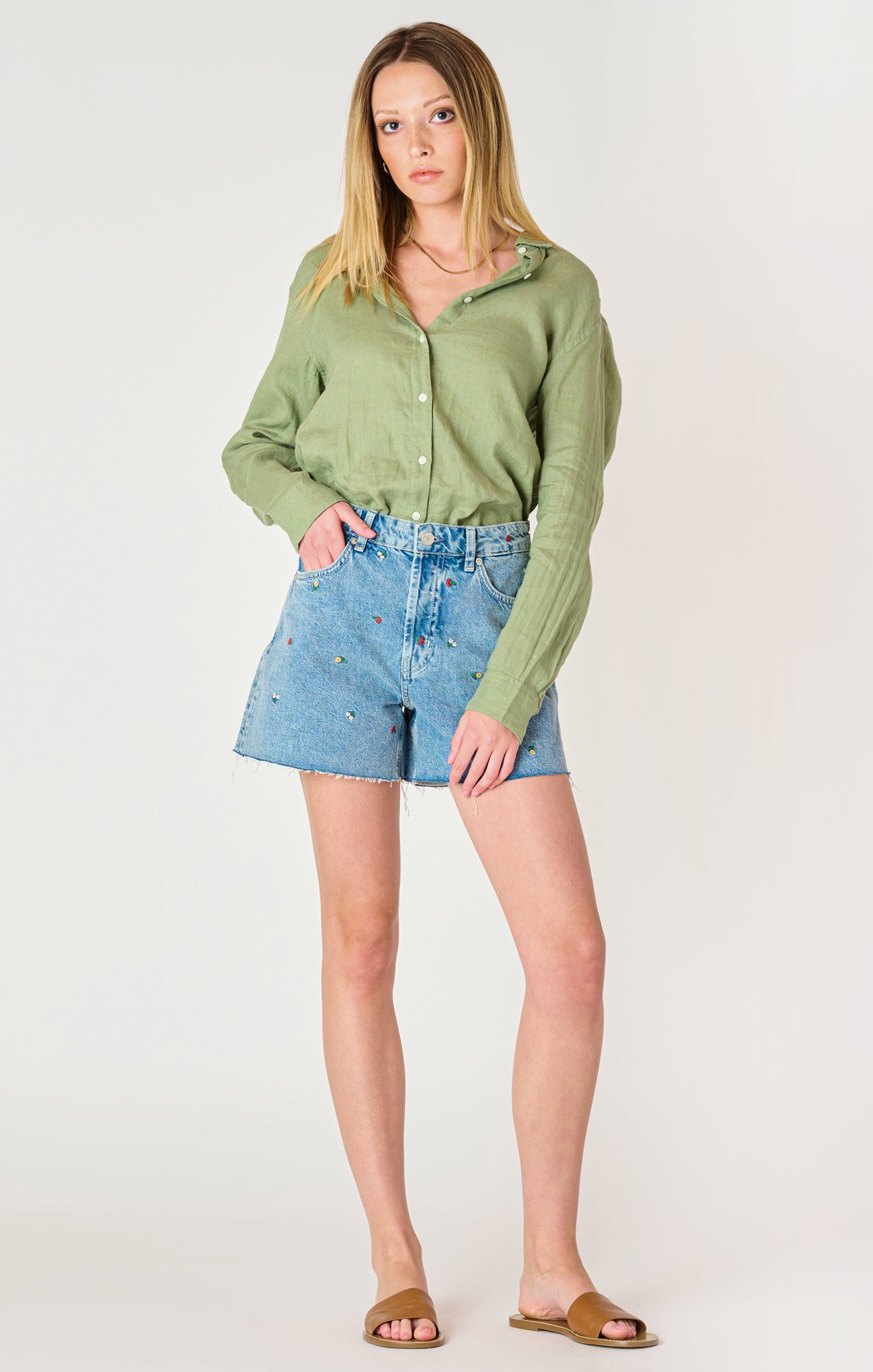 Dex Frayed Hem Embroidered Denim Shorts