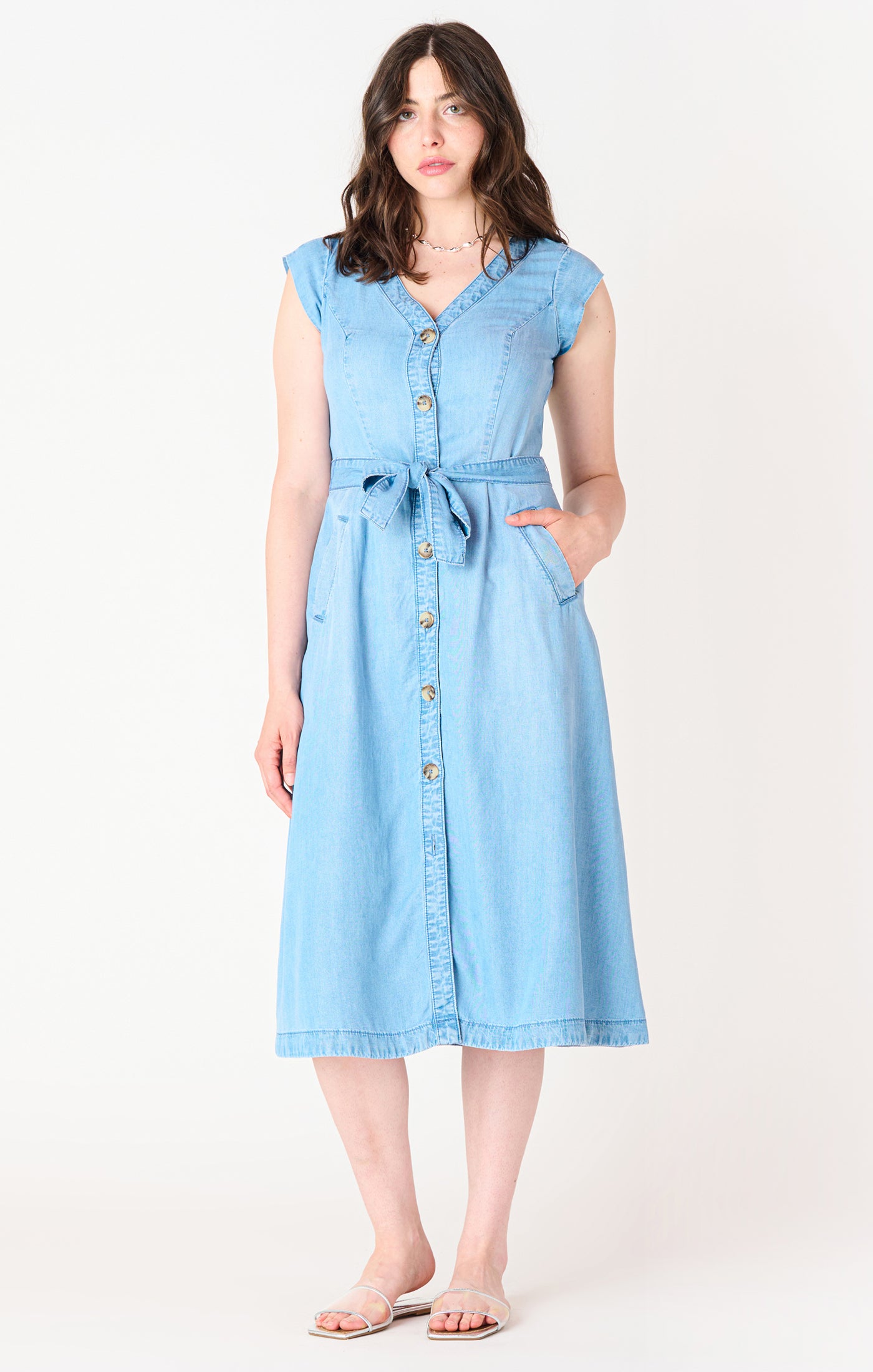 Black Tape Button Front Tencel Midi Dress