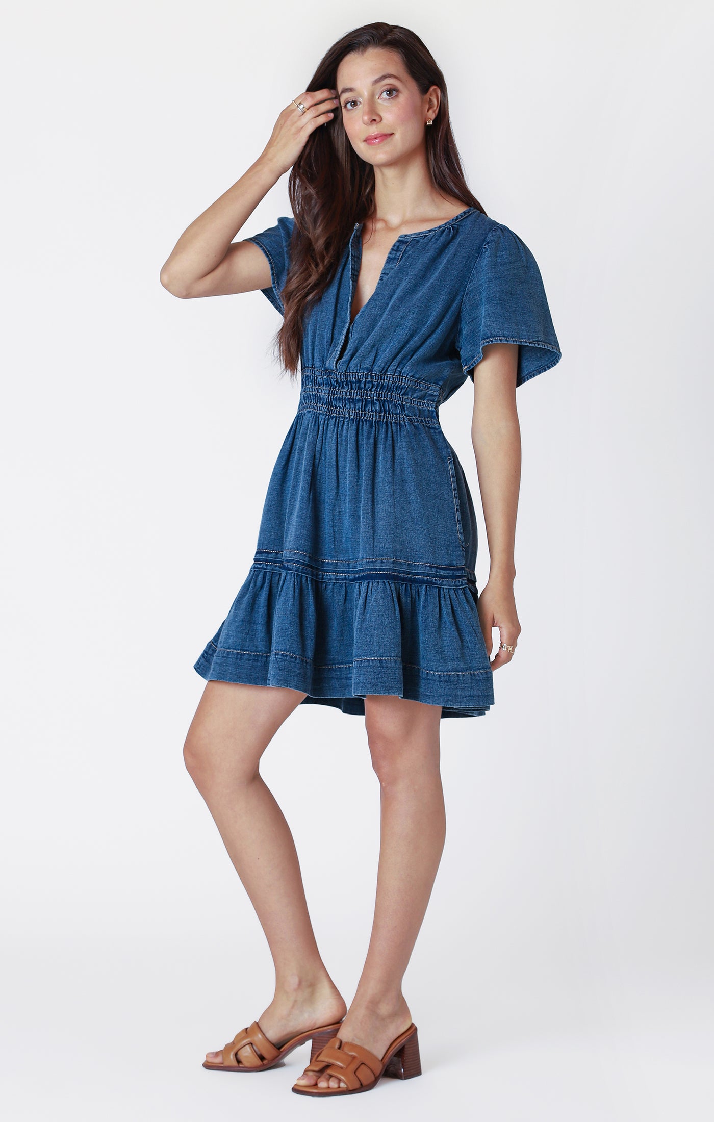 Dex Tiered Denim Effect Mini Dress