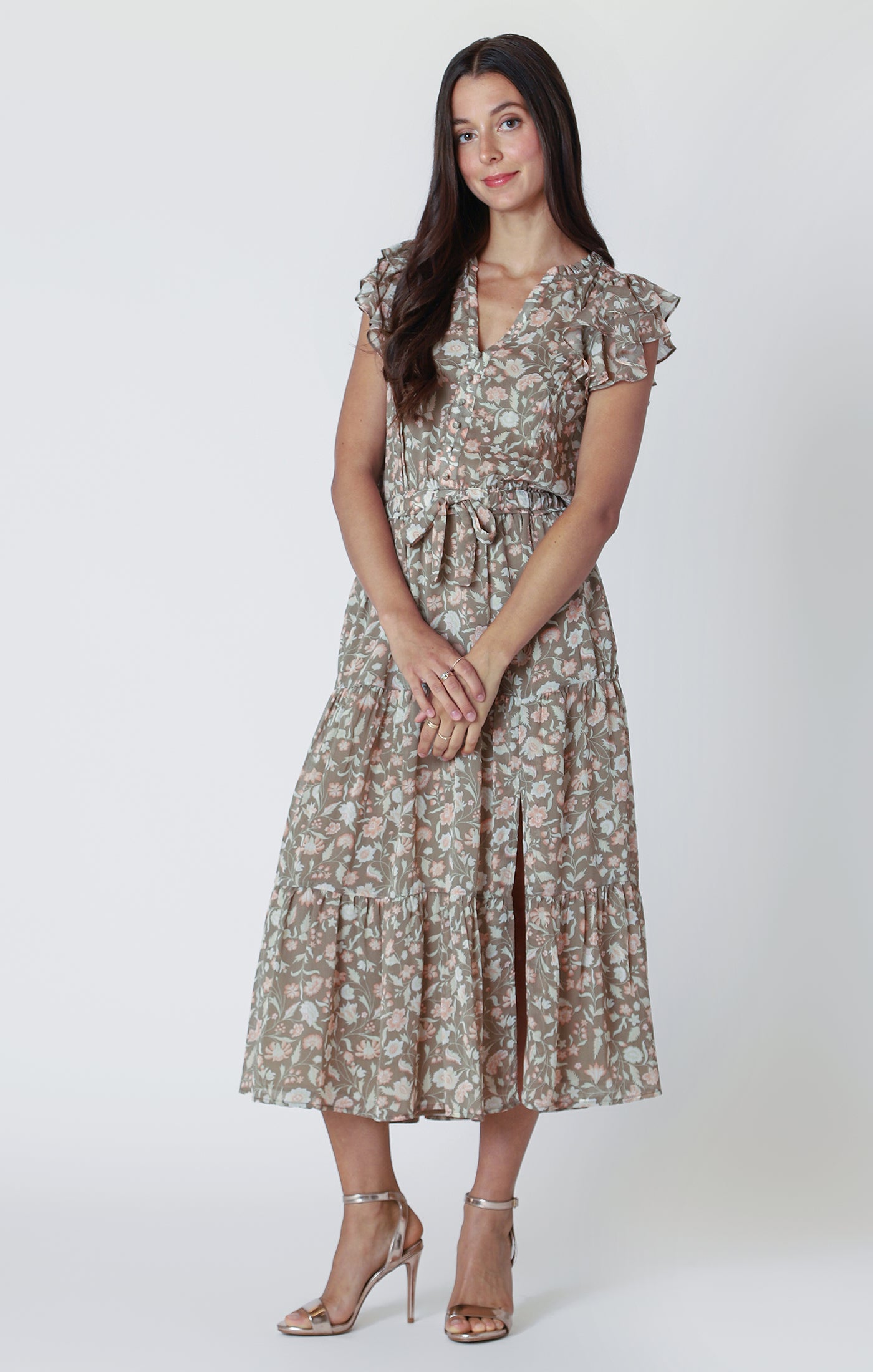 Black Tape Flutter Sleeve Tiered Midi Dress