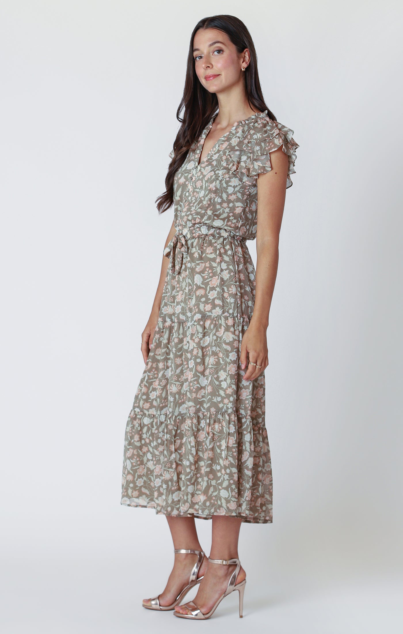 Black Tape Flutter Sleeve Tiered Midi Dress