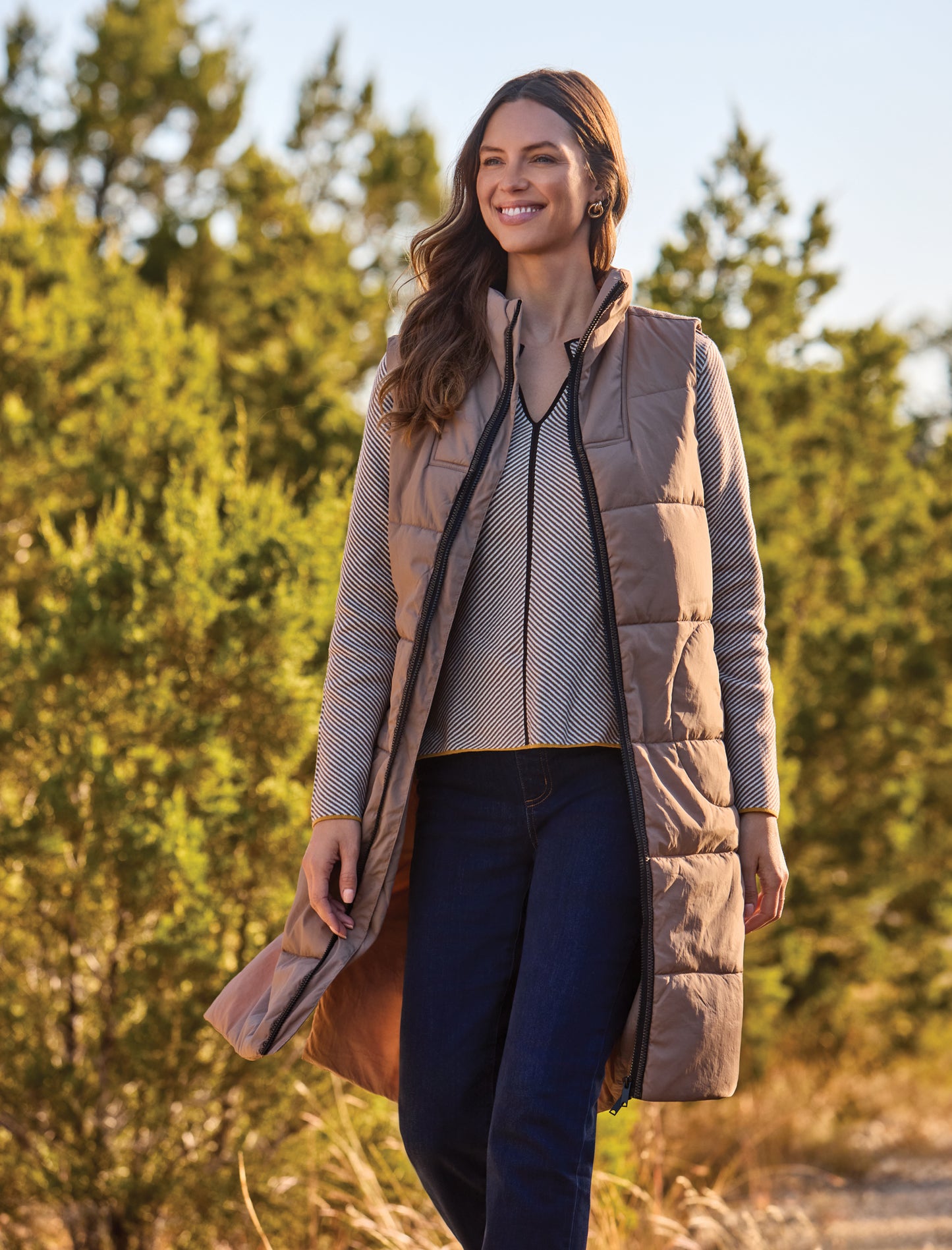 Tribal Fossil Long Zip-Front Quilted Vest