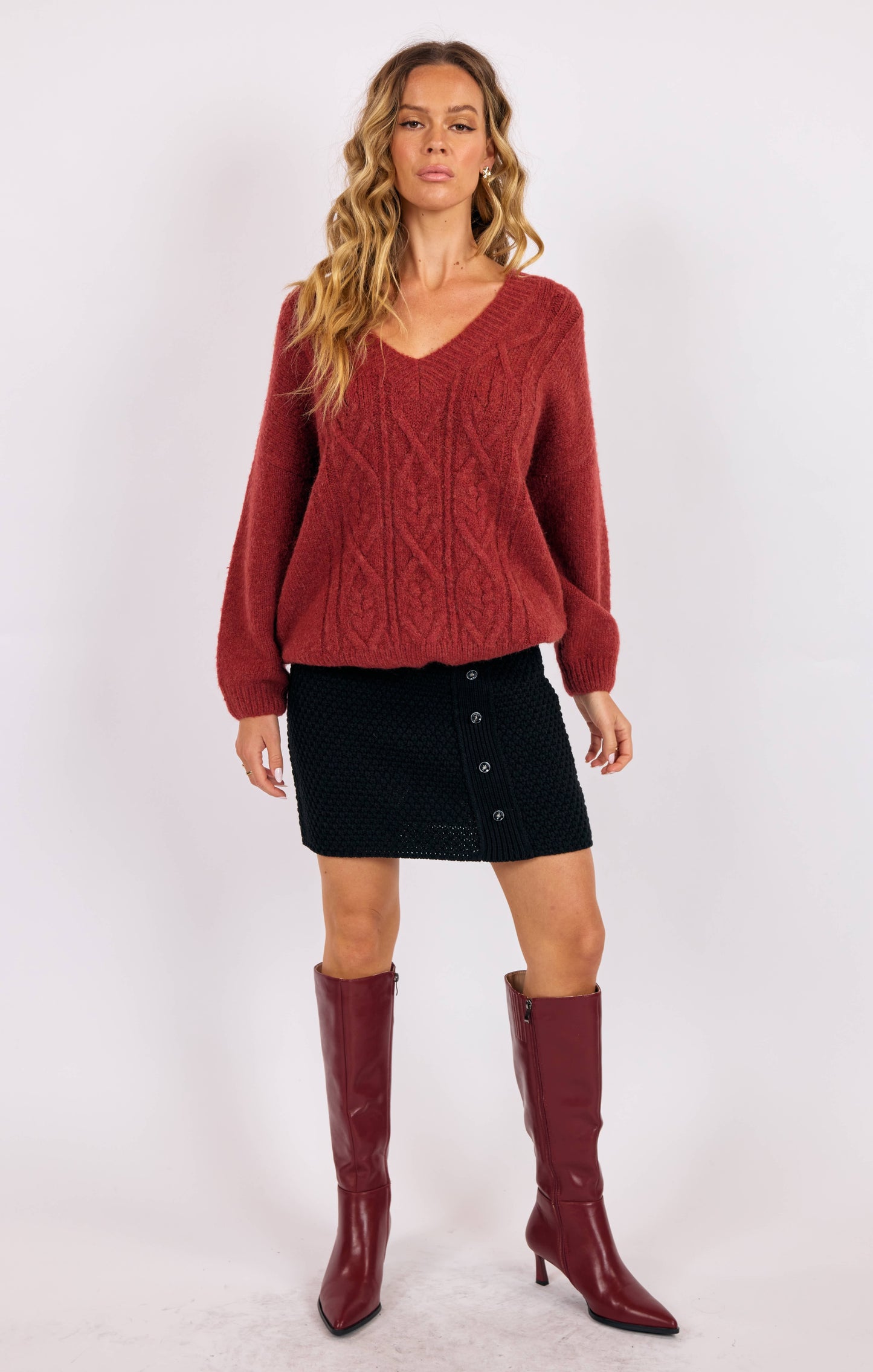 Sage The Label Estella V-Neck Cable Knit Sweater